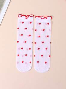 1 Pair Baby/Toddler Girls' Heart Pattern Mid-Calf Socks, Breathable Mesh Stockings, Heart Element, Versatile Daily All-Match Socks, Spring/Summer - Red and White - View 7