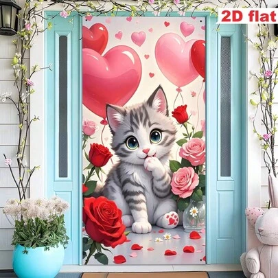 1 st. 2D platt festbanderoll, Alla hjärtans dag-tema (35*70 tum/90*180 cm), polyestermaterial, ros, kattunge, hjärtmönsterdesign, romantisk atmosfär, lämplig för hemvägg, utomhus-/inomhusdekoration, heminredning, stort evenemang, festtillbehör, dörröppningsdekor för högtider, slitstarkt tyg, evenemangsplanerare