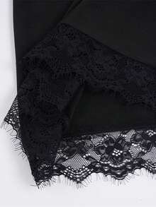 Women's Long Sleeve Dress Lace Trim Solid Color Stylish Slim Fit V Neck Mini Bodycon Dress for Fall/Spring - Negro - Ver 6