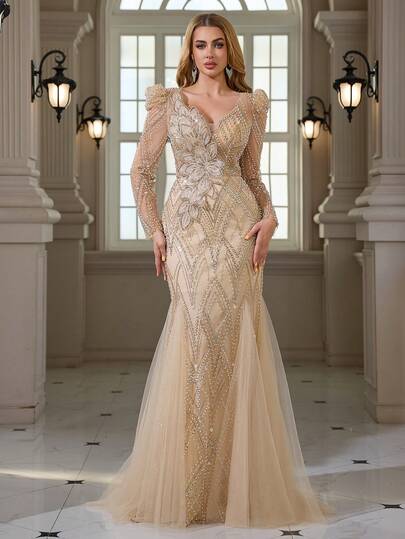 3D Floral Design Long Sleeve Dress With Pearl, Lace Embroidery And Sequin Decor, Extra Long Mermaid Silhouette, Suitable For Weddings, Galas, Parties And Formal Events