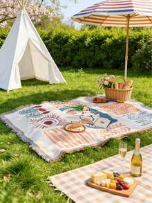 单件装病毒式艺术风格深蓝色星空图案户外野餐垫，花园露营流行耐磨涤纶面料，长方形垂坠流苏和精细锁边，易于打理的野餐毯，适合春季樱花森林野餐/朋友春季艺术聚会/家庭草坪茶话会/户外花园软装装饰 - 彩色 - 查看 2