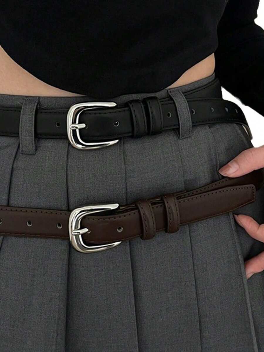 1条女士亮银色扣环腰带，学生青年装饰裤腰带，简约高端新款腰带，女士装饰搭配半身裙、牛仔裤腰带，夏季百搭时尚，日常通勤腰带 - 彩色 - 查看 1