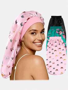 3件装女士多色长发睡眠帽，仿丝弹力头巾，美发护理头饰