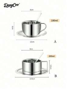 Dengcoo 3 PiecesCoffee Cup Set, Milanese Style Coffee Cup Set, Stainless Steel Coffee Cup With Saucer And Spoon, Ins Style Mug, Tea Cup, Espresso Cup, Pour Over Coffee Cup, Suitable For Holiday Gifts, Home And Back To School Season - Cup - View 8
