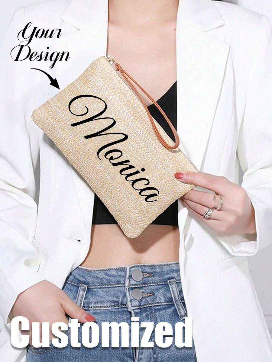 1pc Customizable Minimalist Style Straw Woven Bag, Fashion Beach Tote Bag, Casual Clutch Handbag, Women Straw Wrist Bag, Woven One Shoulder Mini Wallet, Retro Straw Handbag, Bohemian Style Summer Beach Bag - Multicolor - View 1