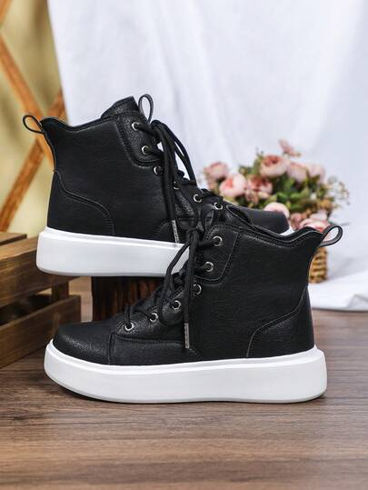 Zapatillas de deporte de caña alta para hombres, con estilo de cordones, versátiles para uso diario con suela gruesa, zapatos de moda simples y cómodos, aptos para todas las estaciones, con estampados de patrones asimétricos, perfectos para uso diario, regalos festivos, vacaciones y desplazamientos.