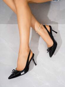 Fashionable Women's Pointed Toe Kitten Heel Slip-On Sandals, Elegant Ladies' High Heels For Wedding, Party, Banquet, Sexy Black And Wine Red Pointed Toe Bow Tie Strap Stiletto High Heels - Black - View 6