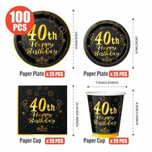 40th Birthday Black & Gold Disposable Plates, Napkins, Cups, 25 Guests Party Supplies Set, Suitable For Birthday, Wedding, Theme Party, Family Picnic - Multicolor - View 2