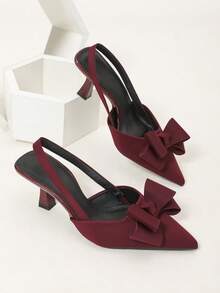 Women's Fashionable Elegant New Nude Bowknot Stiletto High Heel Pointed Toe Sandals, French Chic Party Shoes - Burgundy - View 7