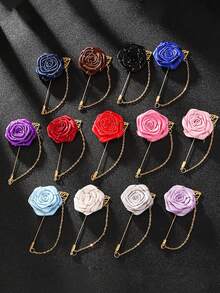1pc Men's Rose Flower With Golden Leaf Brooch, Suit Lapel Pin, Wedding Brooch, Rose Brooch, Fabric Rose Flower With Golden Leaf Brooch, Men's Rose Flower Lapel Pin, Wedding Accessory/Suit Lapel Flower, Wedding Party Brooch - Multicolor - View 2