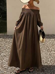 2026 New Arrival Fashion Casual Elegant Off-Shoulder Elastic Neckline Loose Lantern Sleeve Dress, Brown, Suitable For Business Casual, Beach, Wedding Guest, Concert, Party, Spring To Summer - Brown - View 6