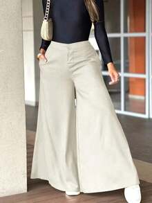 Fashionable Solid Color Casual Loose Wide-Leg Pants For Women, Elegant And Minimalist - Màu be - Xem 12