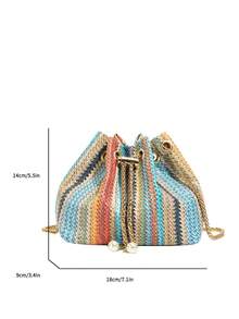 迷你纯色水钻时尚晚宴包，闪亮亮片抽绳水桶包，配金属链条肩带，适合派对和户外活动。 - 藍色 - 查看 5