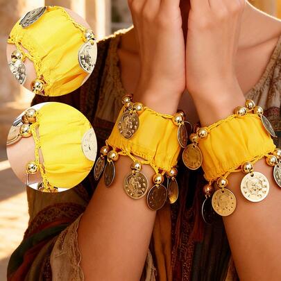 1对肚皮舞手链，波西米亚风硬币流苏弹力手链，服装配饰，万圣节装饰，派对用品