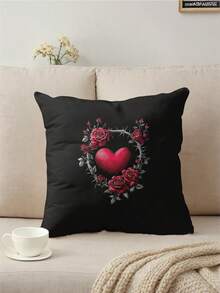 1件黑色背景花卉印花装饰枕套，家居装饰靠垫套，不含填充物，斋月、情人节礼物及装饰枕 - 彩色 - 查看 14