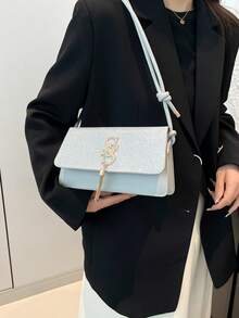 女士简约方形手提包，新款夏季时尚纯色单肩包，休闲托特包，复古斜挎包 - 銀色 - 查看 3