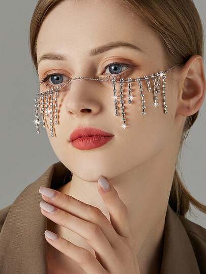 1pc Adjustable Rhinestone Tassel Face Jewelry Chain, Suitable For Weddings, Daily Wear, Dances, Parties, Galas, Valentine's Day Gifts, Banquets - Fashionable, Elegant, Charming Facial Jewelry For Women