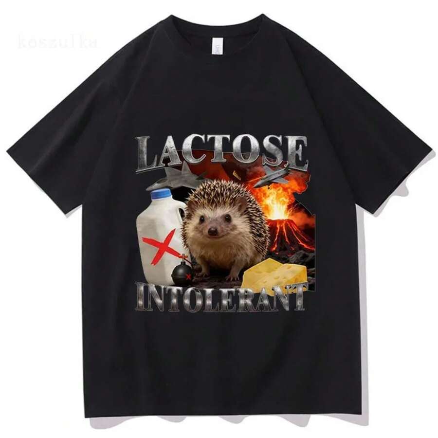 Camiseta de meme de erizo divertido para intolerantes a la lactosa, camisetas de moda retro de manga corta para hombres y mujeres, camisetas de algodón casuales de gran tamaño - Negro - Ver 1