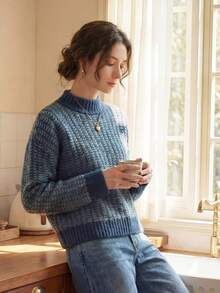 Knit Mix 女士休闲针织毛衣，圆领长袖套头衫，秋冬季时尚百搭，随机图案，宽松版型，春季情人节礼物，返校季秋季必备 - 霧霾藍 - 查看 4