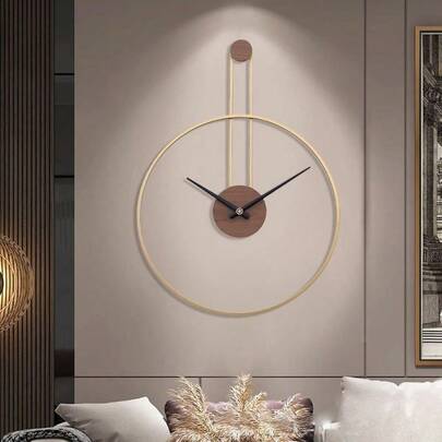 Large Decorative Wall Clock, Gold Metal Frame, Walnut Dial, Silent Non-Ticking, Lightweight Design