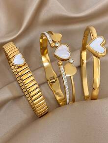 18K Gold Plated Stainless Steel Heart-Shaped Bracelet Set, Elegant Jewelry For Women, Suitable For Valentine's Day, Party, Formal Occasion, Daily Wear, Date, New Year, Wedding, Beach, Christmas, Anniversary, Also A Graceful Gift For Mom, Bohemian Style Jewelry, Bridesmaid Gift - Multicolor - View 4