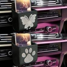 1pc Rhinestone Decor PU Leather Car Air Vent Storage Box, Compact Size Fits Easily On Car Air Vent, Convenient Clip-On Design