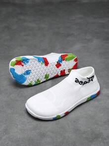 Women's Casual Sneakers, 2026 Summer New Flat Soft Comfortable Knitted Mesh Breathable Low-Top Round Toe Slip-On Shoes, Random Colorful Graffiti Sole Design, Comfortable Wide Toe Box, Suitable For Middle-Aged And Elderly, Mothers, Nannies - White - View 9