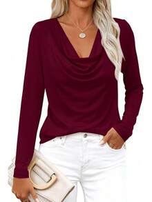 Womens Spring Tops 2026 Dressy Cowl Neck Long Sleeve Shirts Loose Business Casual Blouses Teacher Tunic Top - 酒紅色 - 查看 11