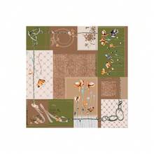 Vintage Checkered Silk Scarf With Chain Print,  Square Bandana For Women, Versatile Hair Tie & Bag Accessory, Faux Silk Floral Scarf - 棕色 - 查看 5