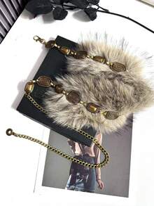 腰带饰有独特的毛绒装饰，复古美式风格拼接设计，皮革材质，Y2K风格腰链，纯色波西米亚风 - A - 查看 2