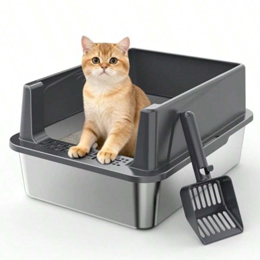 Caja de arena para gatos de acero inoxidable con tapa bandeja de arena de metal de alto lado para gatos pequeños caja de arena de gatito antiadherente y resistente a los olores antifugas de orina - Gris Oscuro - Ver 1