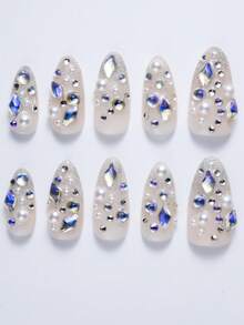 10Pcs Premium Handmade Almond Press On Nails, Glitter Design, Luxury Pearl, Aurora Rhinestones, Glossy Finish, Salon Quality, Winter Nails, Gift For Her Summer Easter - Follow Your Heart - Xem 1