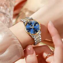 OLEVS Couple Watches For Men And Women Self Winding Fashion Stainless Steel Waterproof His And Hers Watch For Valentines Anniversary Wedding Romantic Chrismas Gifts, Luxury Watches Set Of 2 - 金藍色 - 查看 5