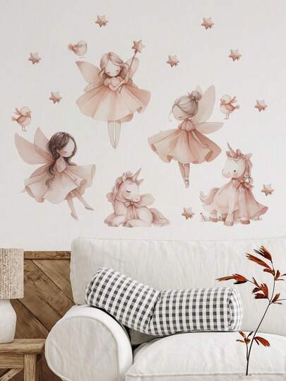 1个粉色星星女孩仙女棒墙贴，可移除墙贴，适用于卧室、客厅、公主房装饰