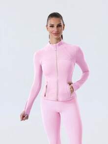 Women Slim Fit Sports BBL Jacket With Thumb Hole Stand Collar Zip Up - Meringue hồng/vàng - Xem 4
