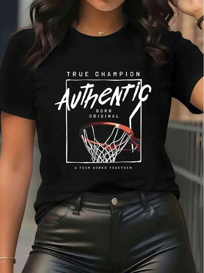 Women's Short Sleeve T-Shirt Casual Graphic Print Basketball Hoop Letter Print Tee Top Summer Crew Neck Loose Fit Streetwear Fashion Authentic Slogan Tee For Daily Wear