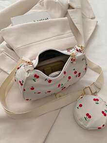 Set de 2 piezas de bolso bandolera con estampado de flores de cerezo, bolso cuadrado mini con estampado geométrico para el Día de San Valentín con monedero, bolso cuadrado con estampado vintage de Body completo - Rojo y blanco - Ver 4