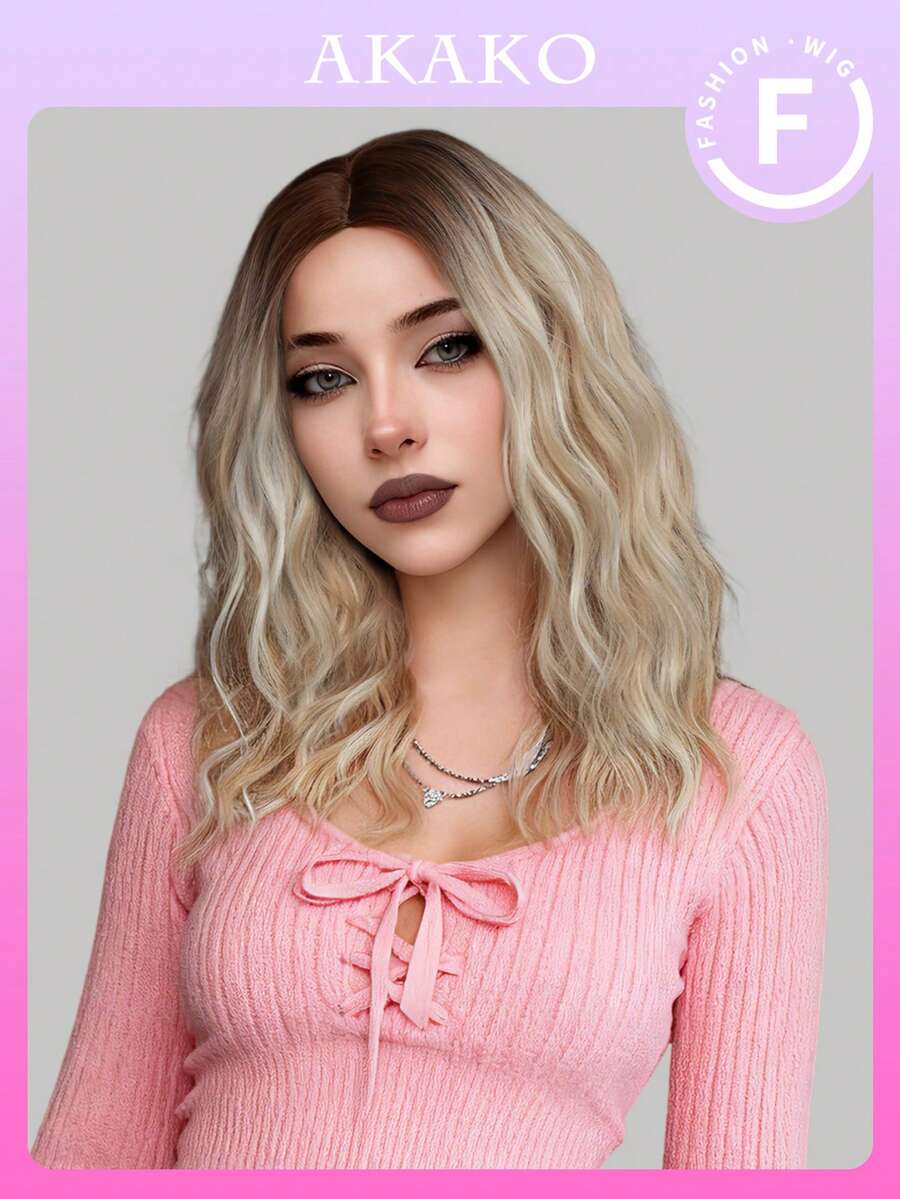 AKAKO Tóc giả bob gợn sóng màu vàng bạch kim thời trang dành cho nữ, dài trung bình 20 inch, kiểu tóc xoăn sóng với mái rẽ, làm từ tóc tổng hợp nguyên chất, chịu nhiệt, thích hợp sử dụng hàng ngày, dự lễ hội âm nhạc, cosplay, phong cách Y2K cá tính và đường phố Gothic. Phụ kiện tóc giả cho các bữa tiệc. - Vàng - Xem 1