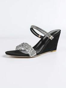 Women's Fashion Wedge Strap Slide Sandals, Versatile Rhinestone High Heel Dress Sandals, Elegant - Black - View 7