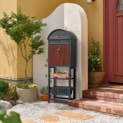 "置き型 スタンド かご付きポスト鍵付き メ一ル便·A4対応 ポスト 北欧 一戸建て用 スタンドポスト メールボックス A4対応 新聞受け 高級【ダークグレー+木目】  "