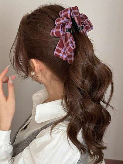 1 pieza Clip de banana con lazo a cuadros morados, elegante clip para el cabello para la coleta, clip vertical para la parte posterior de la cabeza