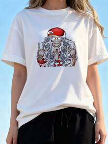 Halloween Skull Print Round Neck T Shir - 白色3 - 查看 3