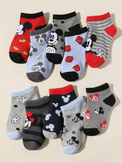 Disney 1/5/10 Pairs Children/Boys/Girls Socks, Cartoon Magician Mickey/Mickey Design Pattern Decor, Retro Polka Dot Striped Accent, Versatile Breathable Moisture-Wicking Sports Socks, Minimalist Casual Soft Skin-Friendly Collegiate Style Double Stripe Socks, Suitable For Daily Wear, Campus Activities, Parties, Leisure, Back To School, Random Color & Style Assortment, Multiple Packs Available