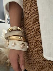 1pc Asymmetrical Wide Acrylic Alloy Marble White Bracelet, Suitable For Women's Daily Commute, Gathering With Friends, Romantic Festivals, Street Snapshots, Fashion Shows (The Texture And Color Of The Bracelet May Differ From The Actual Product) - Multicolor - View 3