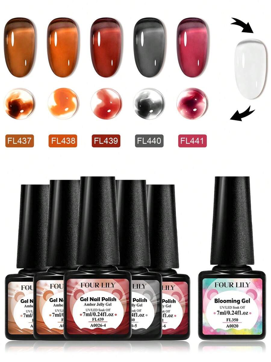 FOUR LILY 6pcs Amber Gel Nail Polish Set 7ml - Brown Nude Pink Translucent Gradient Long-Lasting Semi-Permanent Nail Art - Multicolor - View 1