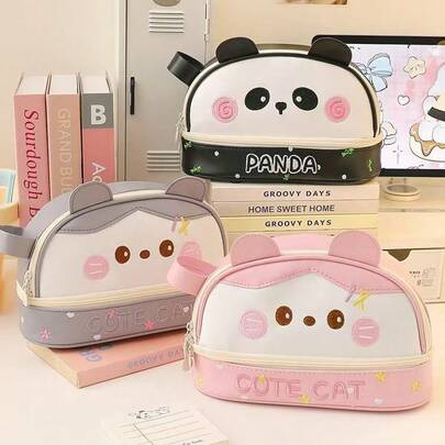 New Large Capacity Panda Blush Makeup Pouch, High-Quality PU Pencil Case, Cute Student Universal Stationery Storage Box