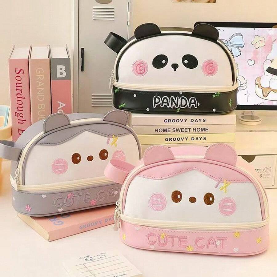 New Large Capacity Panda Blush Makeup Pouch, High-Quality PU Pencil Case, Cute Student Universal Stationery Storage Box - Large-capacity Pencil Case - View 1