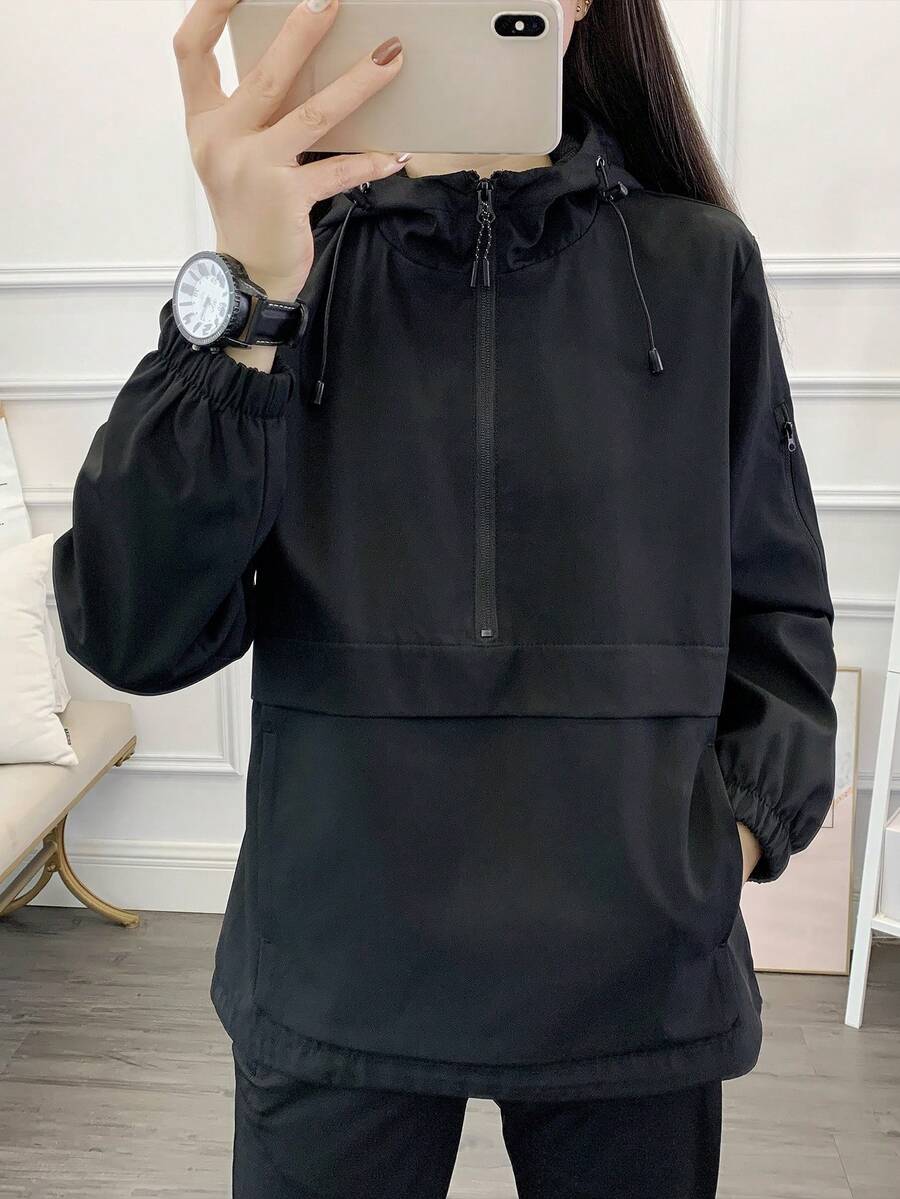 防风防水宽松纯色休闲半拉链时尚修身登山户外徒步夹克运动服 - 黑色 - 查看 1