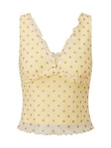 Women's Summer Crop Tank Tops Dot Print Sleeveless V-Neck Frill Slim Fit Vest For Party - 淺黃色 - 查看 1