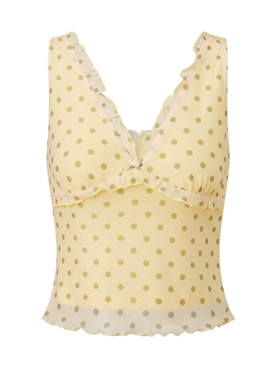 Women's Summer Crop Tank Tops Dot Print Sleeveless V-Neck Frill Slim Fit Vest For Party - 淺黃色 - 查看 1